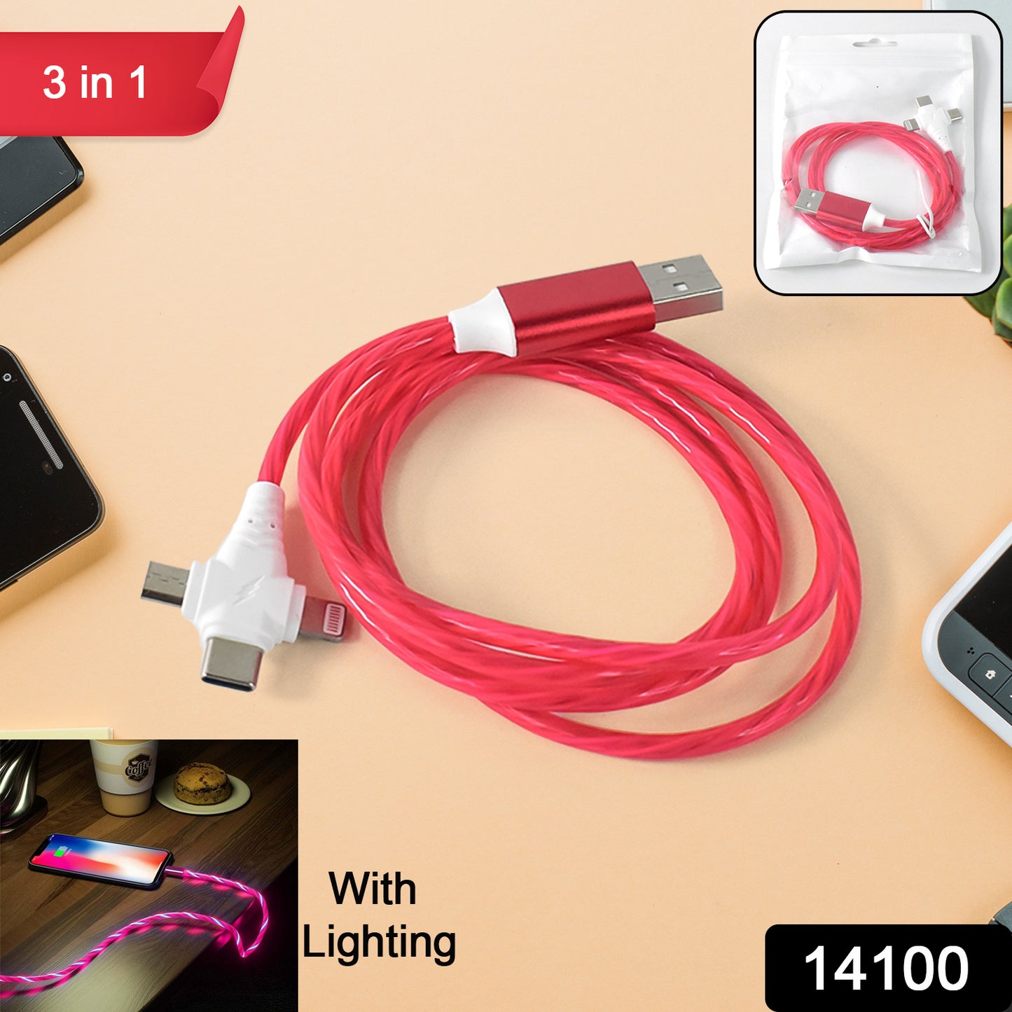 3 In 1 Charging Cable Light Up Fast Charger Lighting Cable - Merchanse