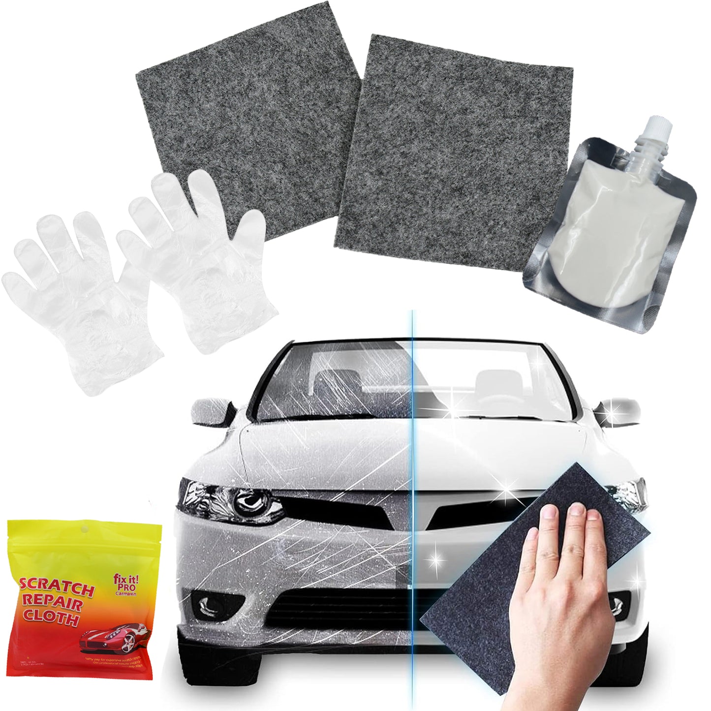 8527 Nano Magic Car Scratch Remover Cloth Multipurpose Scratch Repair Cloth Cloth For Car Paint Scratch Repair Easy To Repair Slight Scratches On The Surface Polishing Repeatable Use For All Kinds Of Car (45 Ml Repair Solution 2 Gloves 2 Nano Cloth) - Merchanse