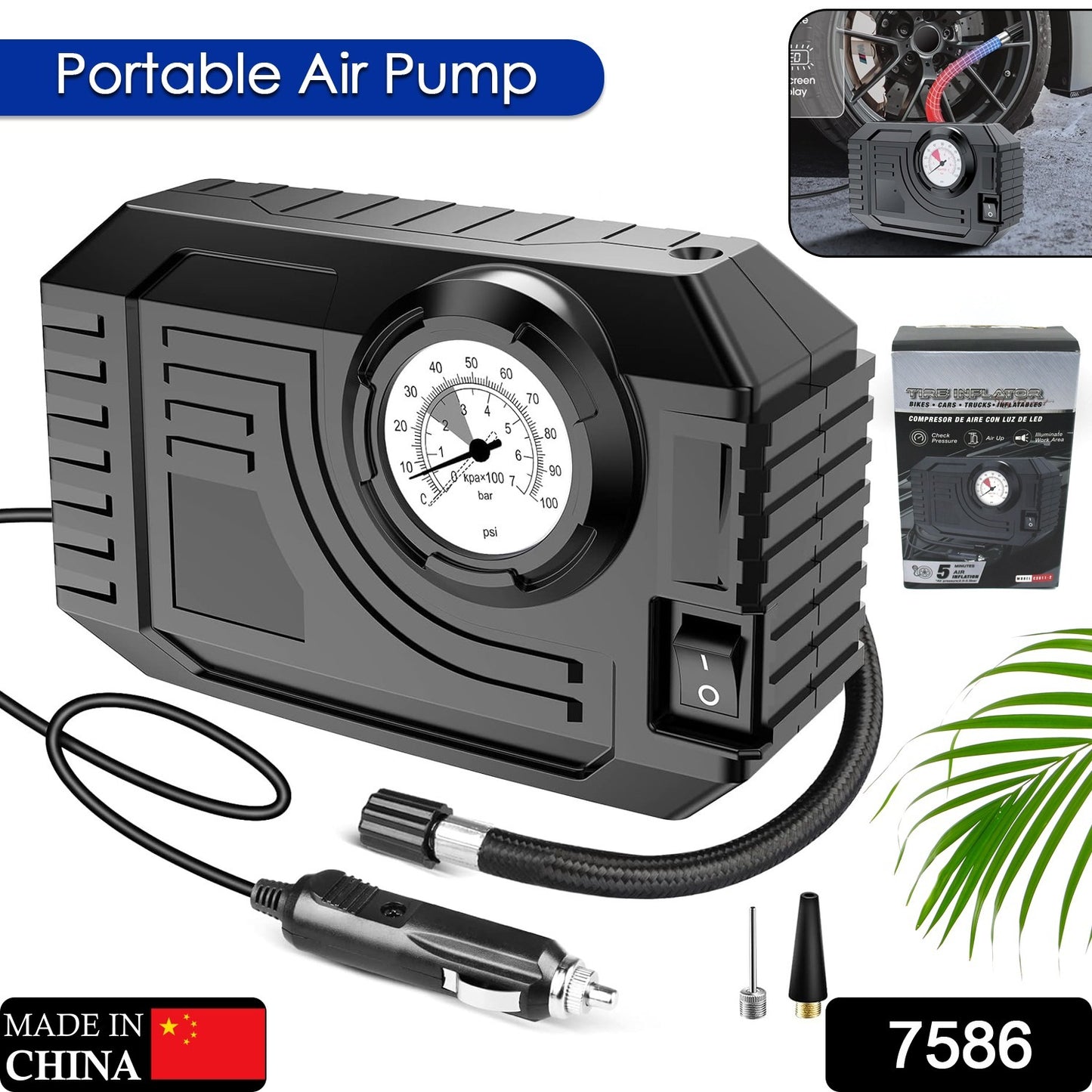 7586 Tire Inflator Portable Air Compressor 12v Small Air Pump For Car Tires Bicycle Balloons Cars Bike Bicycles And Other Inflatables With Led Light (12v) - Merchanse