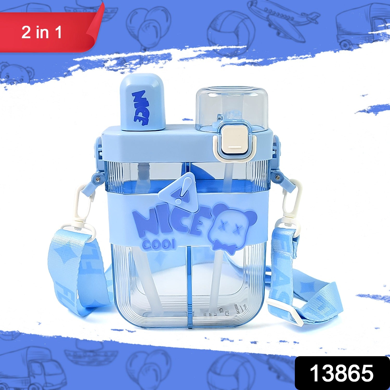 2in1 Dual Compartment Water Bottle With Straw And Adjustable Shoulder Straps (1 Pc Multi Color) - Merchanse