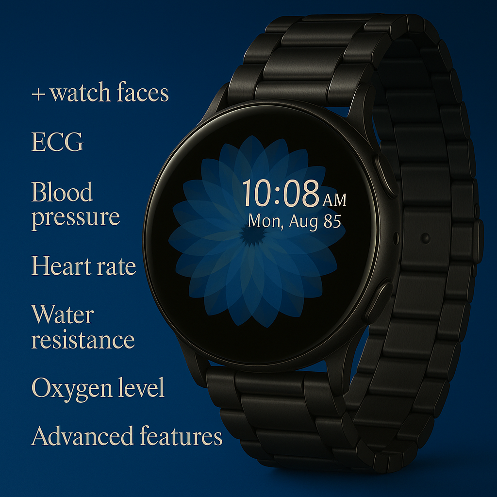 Sweven Active 2 premium smartwatch with Amoled display , black silicon and metallic strips ECG , Blood pressure , oxygen level, Heart rate monitor,150+ watch faces