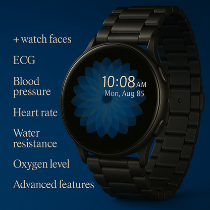 Sweven Active 2 premium smartwatch with Amoled display , black silicon and metallic strips ECG , Blood pressure , oxygen level, Heart rate monitor,150+ watch faces