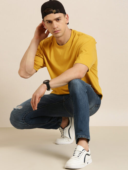 4296f093-2a16-4bc0-a4c4-124520803b831662963761705-Difference-of-Opinion-Men-Mustard-Yellow-Cotton-Drop-Shoulde-5 (1) Super Combed Cotton Rich Round Neck Half Sleeve Tshirt - Image 1